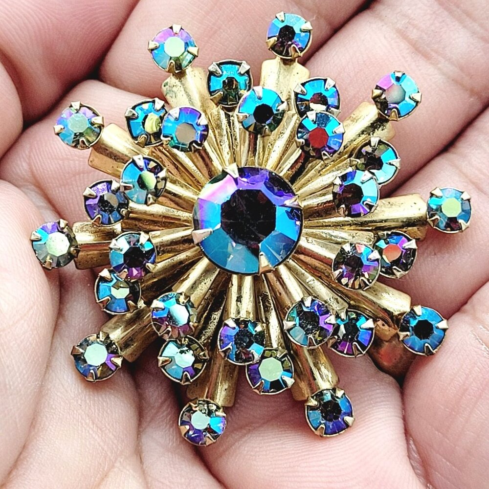 Vintage Aurora Borealis Rhinestone Starburst Brooch Atomic Sputnik Style 1 3/4"